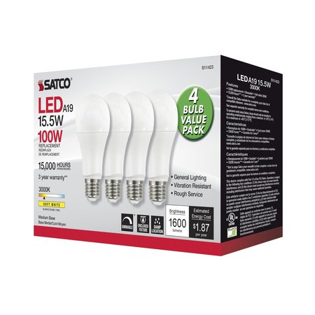 Satco Bulb, LED, 15.5W, A19, Medium, 30K, Dim, 4PK S11423